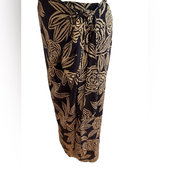 80s 2PC DANA BUCHMAN SILK NAVY & TAN FLORAL FITTED LUXURY TOP & WRAP MAXI SKIRT - Picture 5 of 14